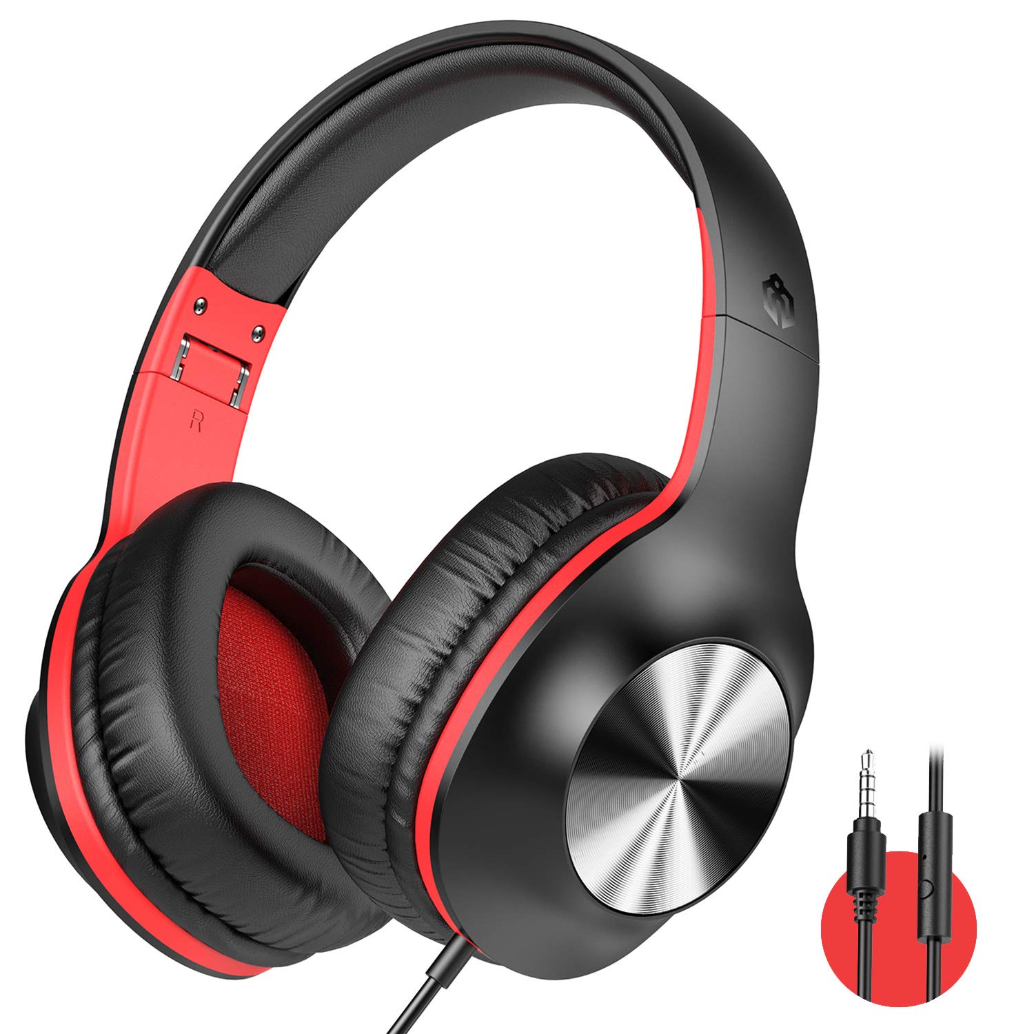 iClever HS18 Over Ear Headphones with Microphone - Foldable Lightweight Stereo Headphones, Adjustable Wired Headphones with 3.5mm Jack for Online Class/Meeting/iPad/Smartphone/Computer, Black&Red