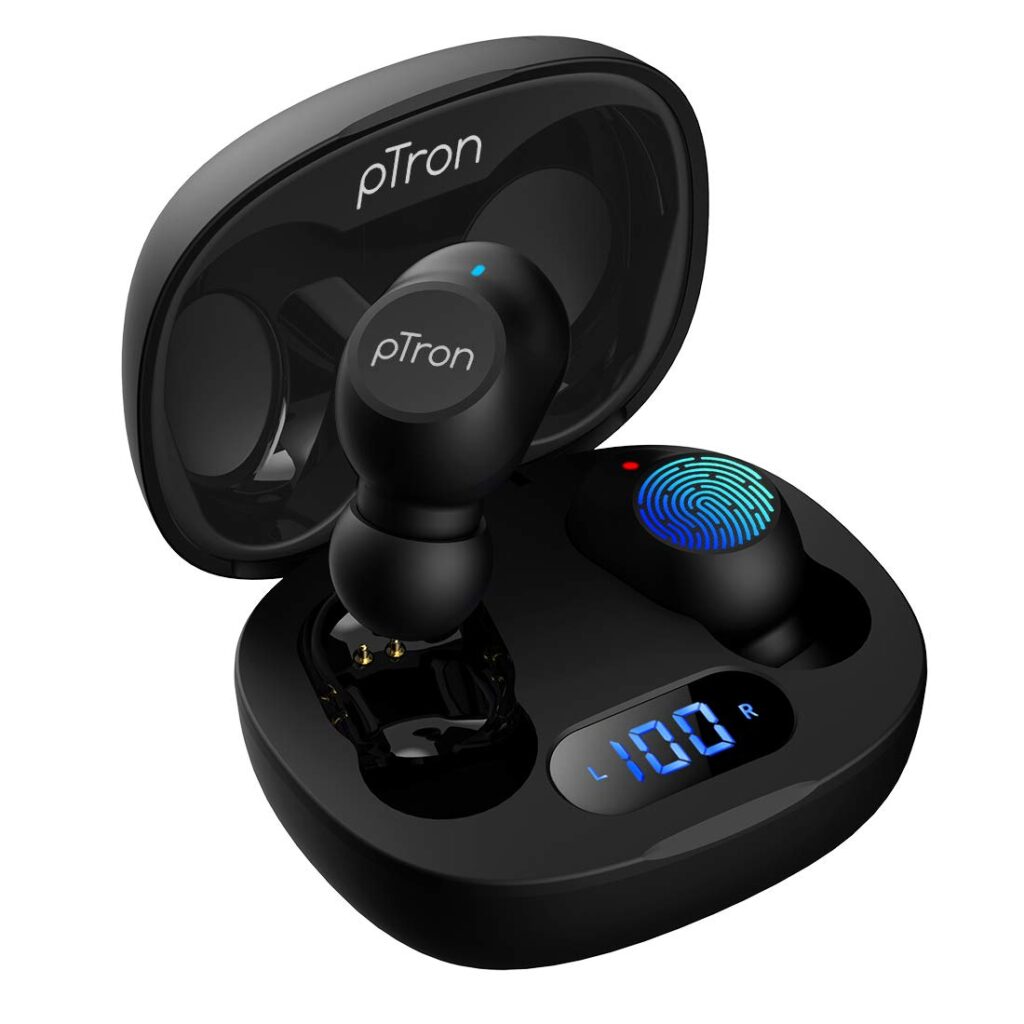 pTron Bassbuds Pro (New) in-Ear True Wireless Bluetooth 5.1 Headphones with Deep Bass, Touch Control Earbuds, IPX4 Water/Sweat Resistance, Digital Display Case, Earphones with Built-in Mic - (Black)